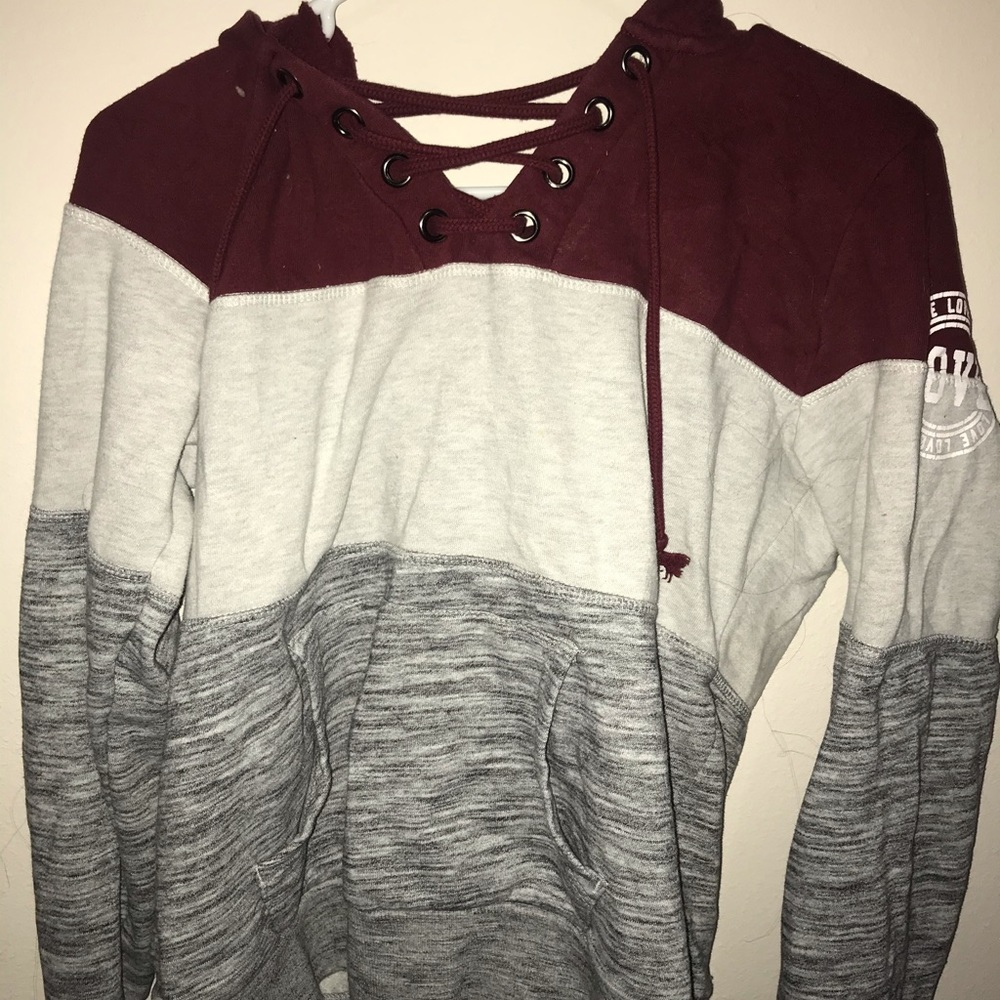 Maroon striped Love hoodie.